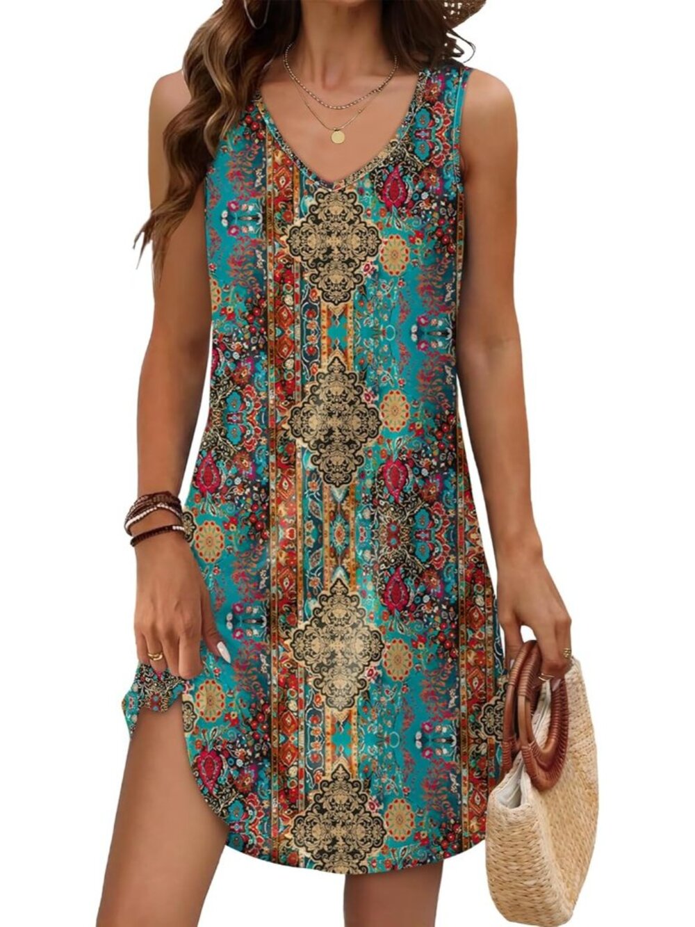 Women's Summer Dress Ethnic 2 V Neck Sleeveless Dress Sundress Swimsuit Coverup